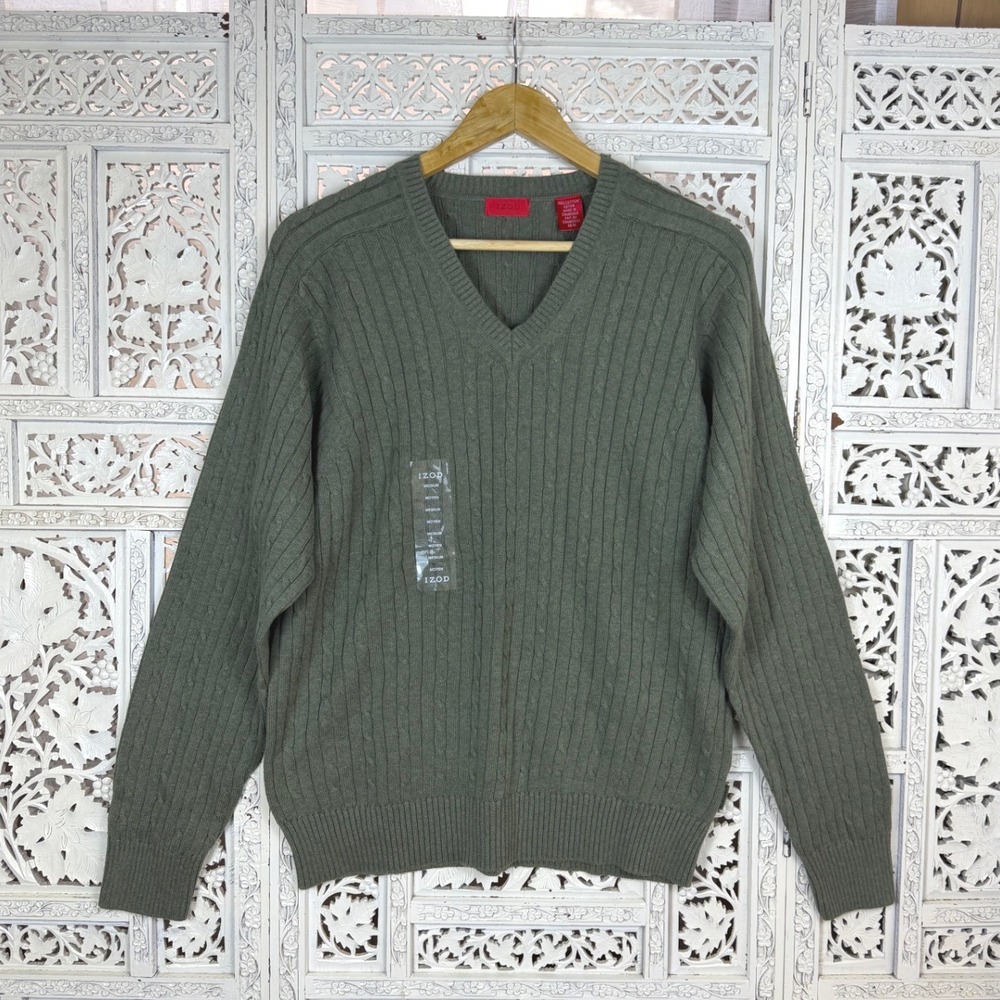 NWT IZOD Olive Green Cable Knit V Neck Sweater Sz Mens Medium‎ Fisherman Granola